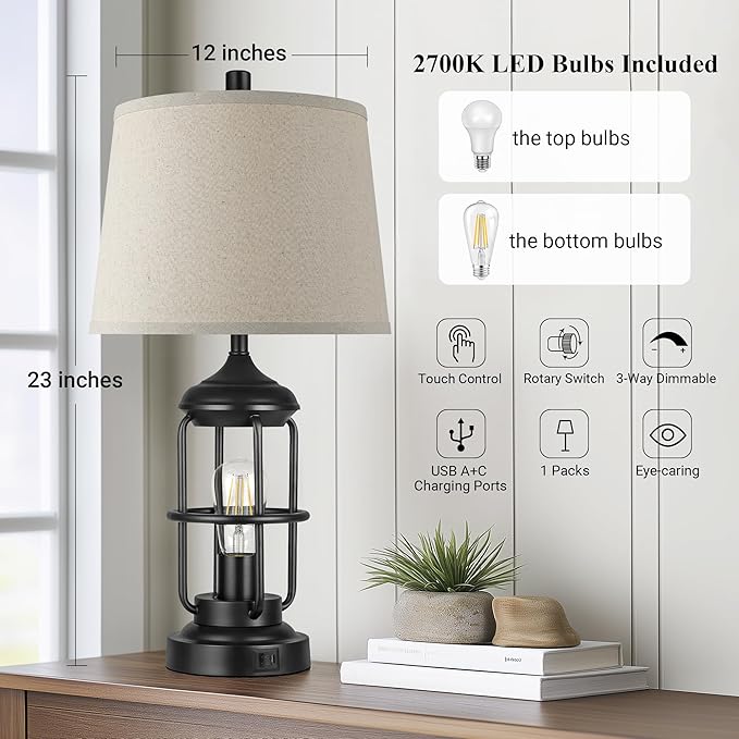 QiMH Table Lamp for Bedroom with USB A+C Ports, Farmhouse Bedside Lamp with Night Light, 3-Way Dimmable Touch Control, Rustic Industrial Nightstand Lamp for Living Room,Bulbs Included,Black, 1 Pack