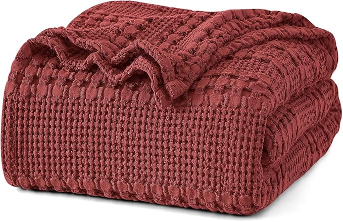 PHF 100% Cotton Waffle Weave Blanket Queen Size for Bed, Soft Lightweight & Breathable, All-Season Comfort, Luxury Aesthetic Woven Bedding for Home Decor, 90"x90", Wine Red