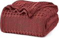 PHF 100% Cotton Waffle Weave Blanket Queen Size for Bed, Soft Lightweight & Breathable, All-Season Comfort, Luxury Aesthetic Woven Bedding for Home Decor, 90"x90", Wine Red