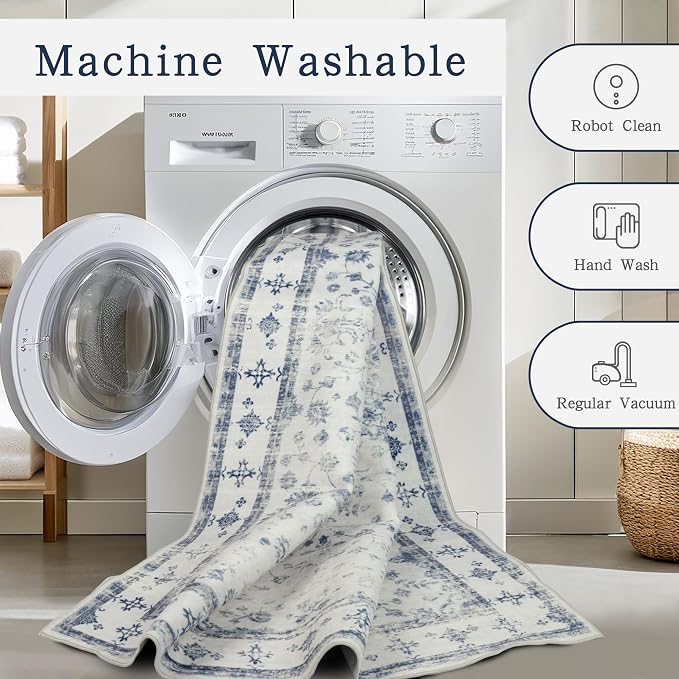 8x10 Washable Area Rugs for Living Room, Dining Room- Blue White | Retro Floral - Image 4