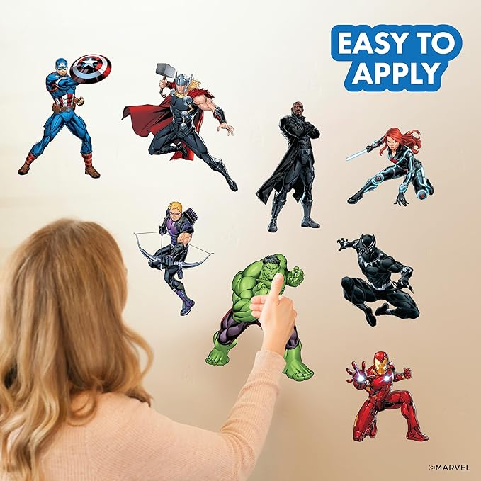 Marvel The Avengers Wall Decals – Set of 8 Hulk Iron Man Captain America Black Panther Removable Vinyl Stickers for Kids Bedroom Playroom Bathroom - Peel and Stick Room Décor