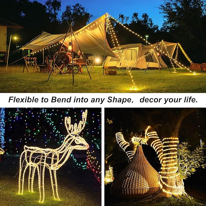 JMEXSUSS 2 Pack Battery Operated Rope Lights Warm White - Outdoor Waterproof, 200LED 66ft 8 Modes Battery Powered String Lights Outdoor with Remote for Camping Tent Trampoline Christmas Decorations