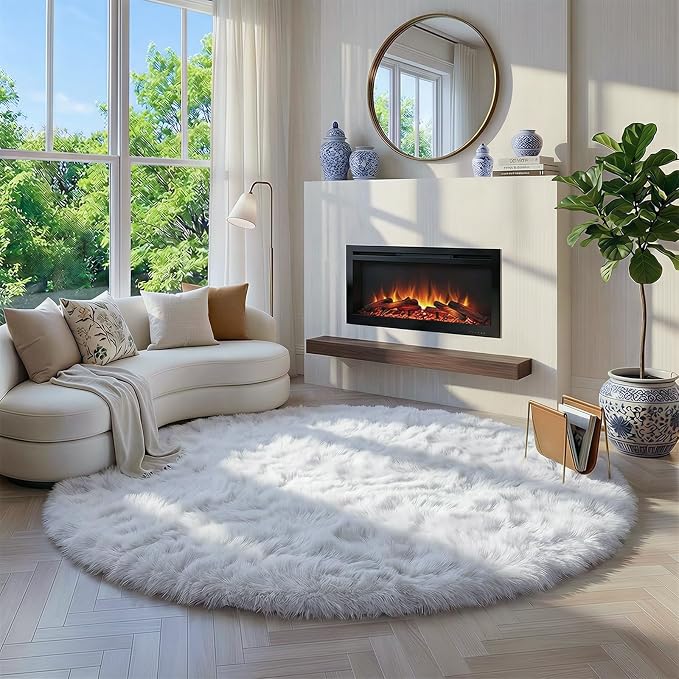 Amdrebio White Furry Round Circle Rug 6Ft - Image 7