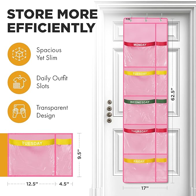 Over the Door Weekly Clothes Organizer - 5 Shelf Hanging Closet Storage with Day of the Week Labels - Weekly Clothes Organizer For Kids - Space-Saving Over Door or Wall Hanging Organizer (Pink)