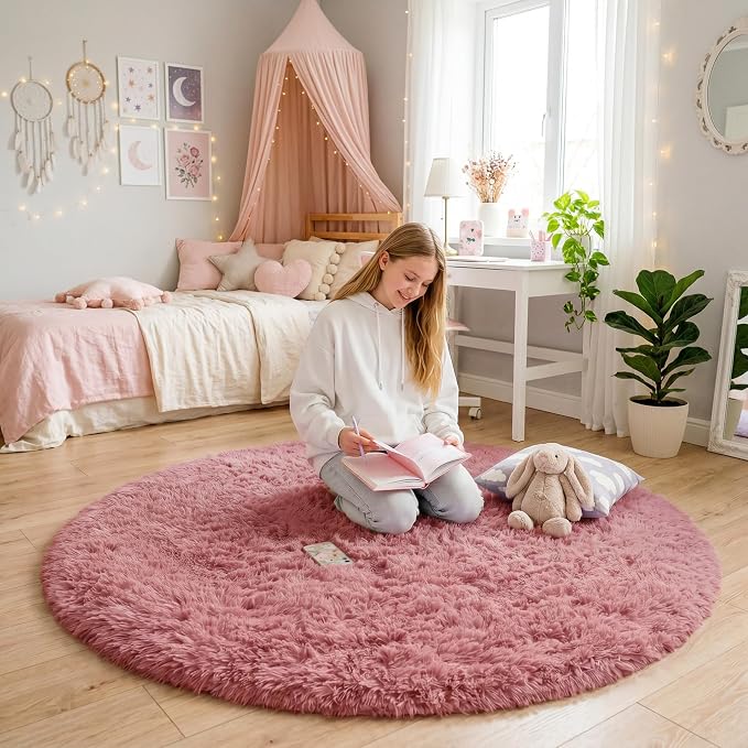 Amdrebio Blush Pink Big Round Fluffy Rug 7Ft - Image 2