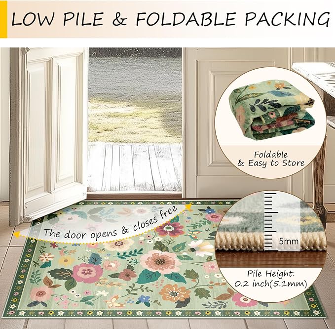 RELEANY Floral Washable 6x9 Area Rugs LightGreen | Flower Carpet Print Boho - Image 4