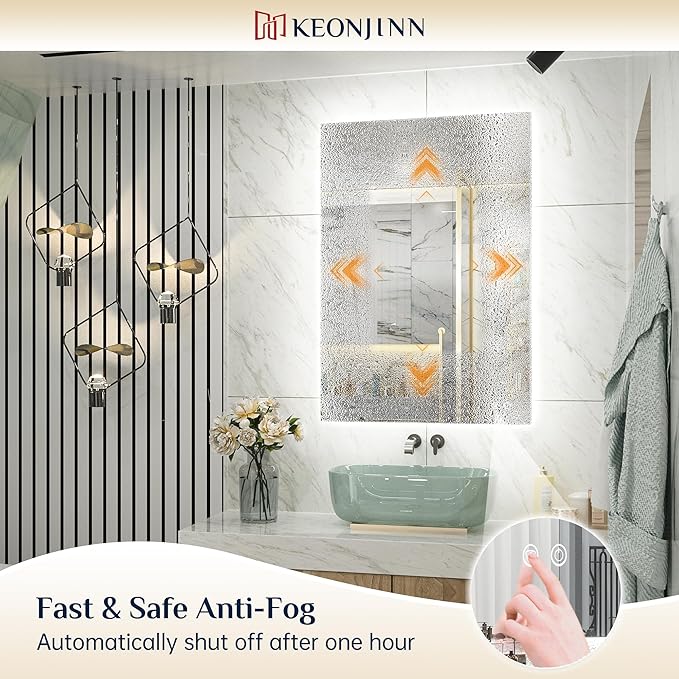 Keonjinn 24 x 40 Inch LED Bathroom Mirror with Backlit, Anti-Fog Vanity Mirror with CRI90+ HD Tempered Glass, Stepless Dimmable, High Lumen, UL Listed, Waterproof, Horizontal/Vertical