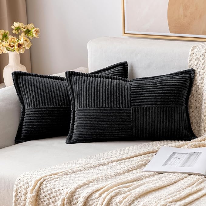MIULEE Decorative Lumbar Throw Pillow Covers 12x20 Inch Black 2 Pack | Boho by MIULEE