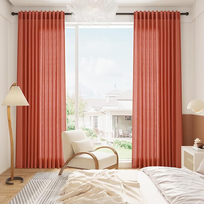 Coral Linen Curtains 90 Inch Length 2 Panel Set Back Tab Rod Pocket Semi Sheer - Image 8