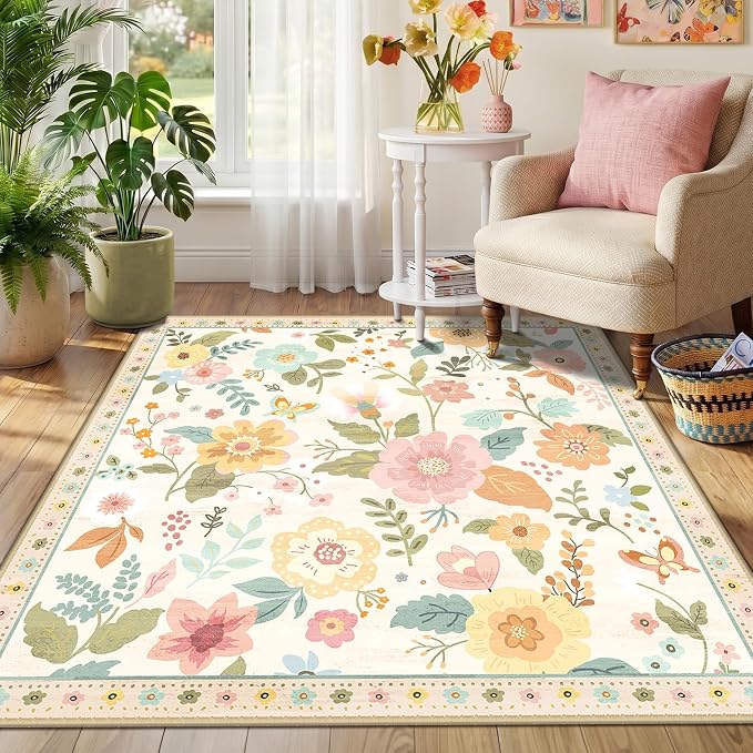 RELEANY Floral Washable Square 5ft Area Rug Beige/White/Orange | Flower Carpet - Image 8