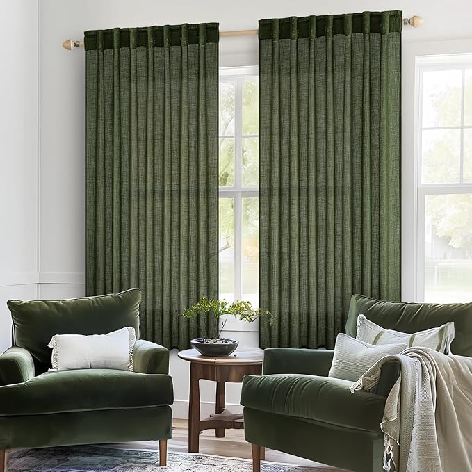 MIULEE Olive Green Linen Curtains 52x63 Inch Length 2 Panels - Image 2