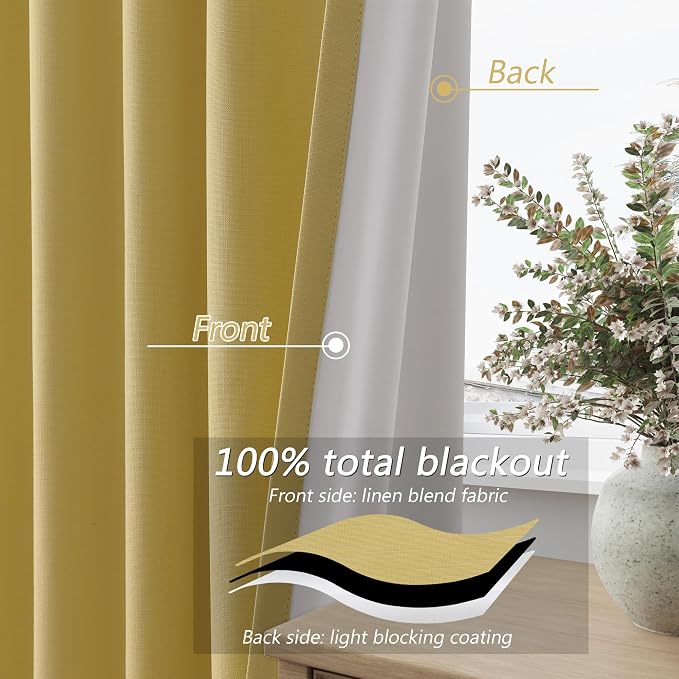 Yellow 100% Blackout Linen Curtains 84 Inch Length 2 Panels Set - Image 3