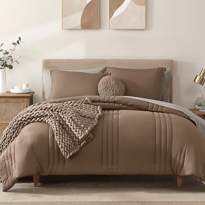 Monbix Full Comforter Set - 7 Pieces Umber Bed in a Bag Full Size Bedding Sets with Comforters, All Seasons Down Alternative Comforter with Sheets,Pillowcases & Shams