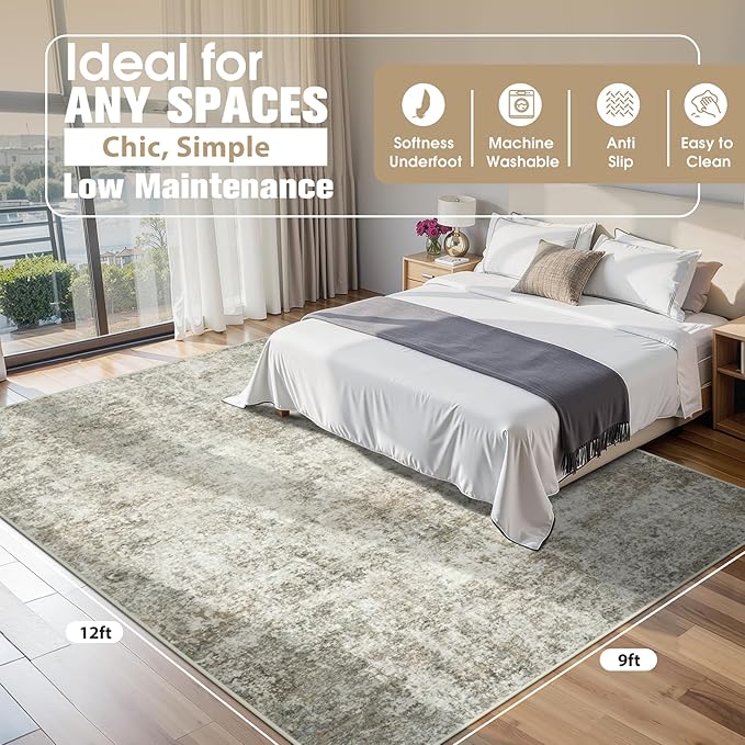 9x12 Area Rugs for Living Room Washable Bedroom Dining Room Beige Brown | - Image 2