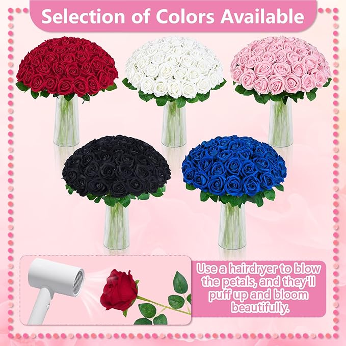 BLEUM CADE 100 Pcs Black Roses Artificial Flowers, Real Touch Velvet Roses Fake Flowers Bulk, Artificial Roses Bouquet with Long Stems Bridal DIY Wedding Party Centerpiece Decorations