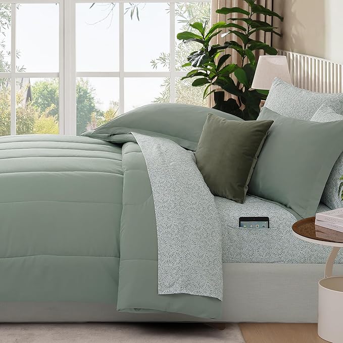 Monbix King Size Comforter Set - 7 Pieces Bed in a Bag King, Sage Green Track Stitching Bedding Sets, All Seasons Down Alternative Bed Set with Sheets, Pillowcases & Shams