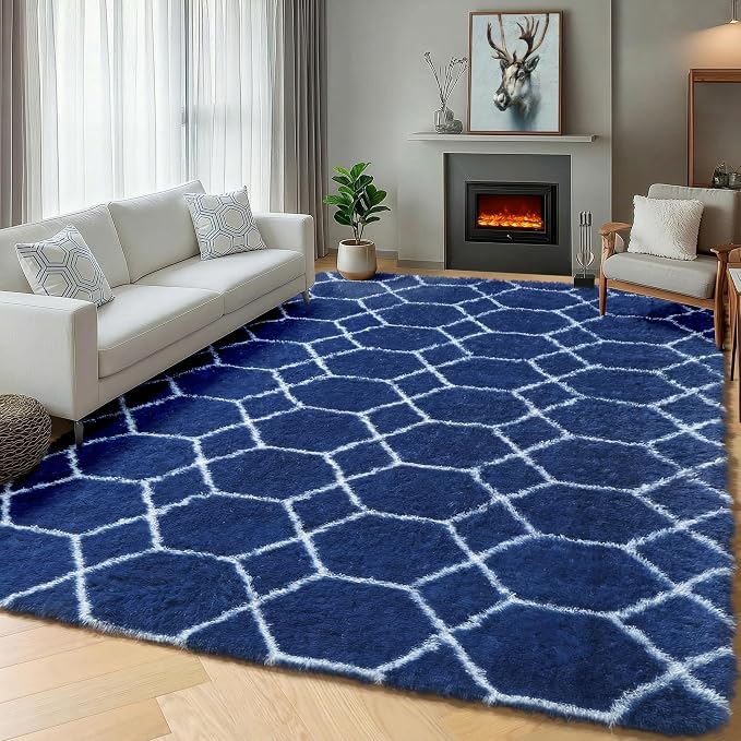 5x7 Area Rugs for Living Room Boys Bedroom, Fluffy Navy Blue and White Rug | - Image 6