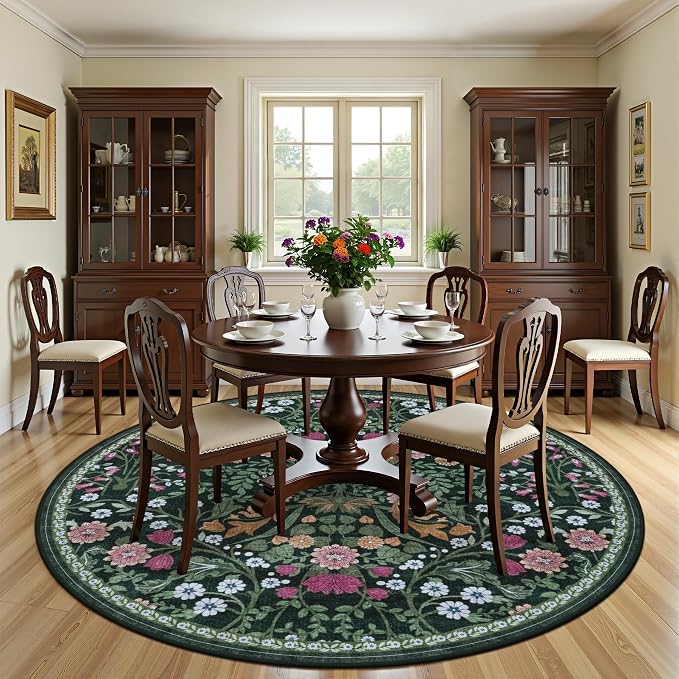 PLHXFR Round Area Rug Living Room: 8 ft Floral Washable Carpet Dark Green | - Image 3
