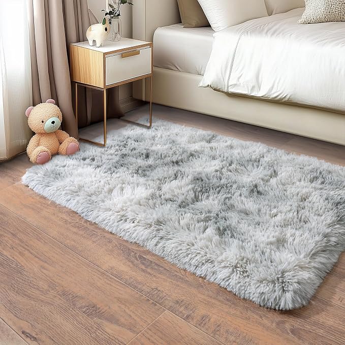 Fluffy Small Rug for Bedroom 2x3 Feet, Shag Soft Area Rug, Tie Dye Grey | - Image 4