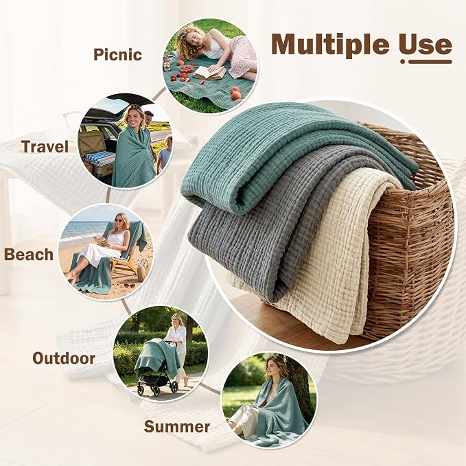 EMME Muslin Throw Blanket for Adults 100% Cotton Blankets for Couch 4-Layer - Image 6