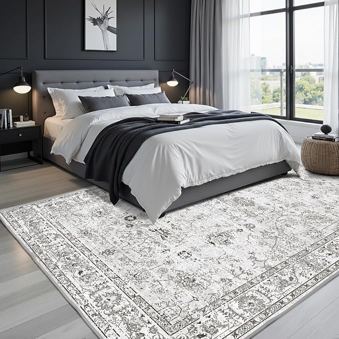 Grey Floral Area Rug 8x10 for Living Room Bedroom | Non Slip; Stain Resistant; - Image 3