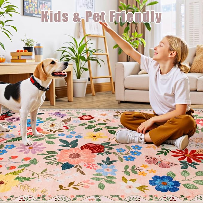 PLHXFR Area Rug Living Room: 5x7 Floral Washable Boho Soft Carpet Beige | - Image 8