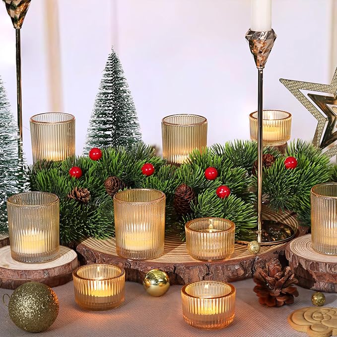 10pcs Ribbed Gold Votive Candle Holders, Assorted Glass Tea Light Candle Holders for Wedding Centerpieces, Brithday, Party and Holiday Decorations