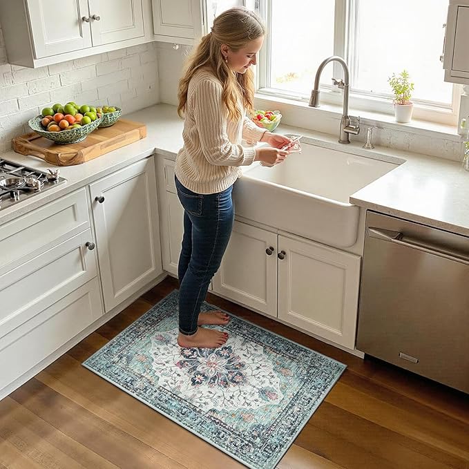 RELEANY Washable Area Rug, Small 2'x3', Teal Green/White/Navy | Non-Slip - Image 2