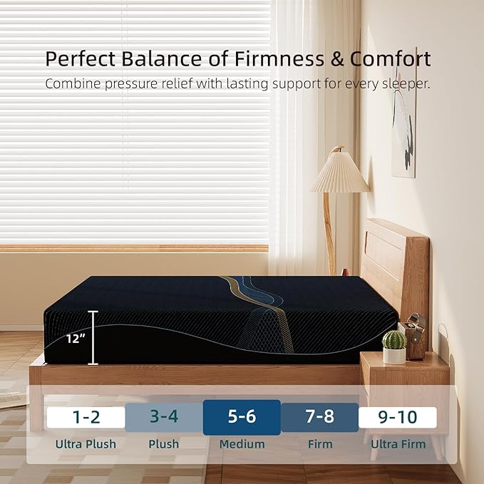 Crystli King Mattress 12 Inch, Gel Memory Foam King Size Mattresses, Activated Charcoal Infused, Medium Firm Bed Mattress in a Box for Pressure Relief, Fiberglass-Free, CertiPUR-US Certified, Black