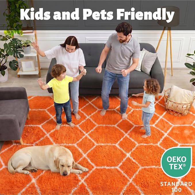 Area Rugs for Living Room, 5x8 Fluffy Orange and White Bedroom Trellis Rug | - Image 4