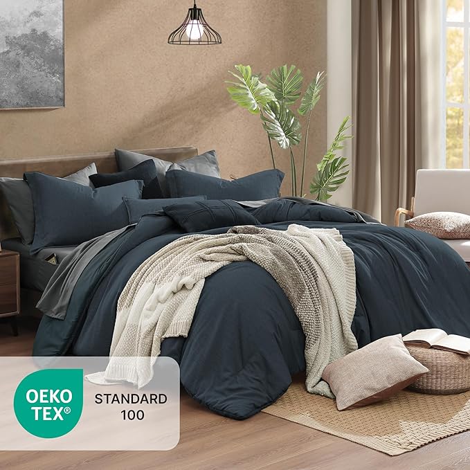 Monbix California King Comforter Set - 7 Pieces Cationic Dyeing Navy Blue Bed in a Bag Cal King Bedding Sets with Comforter, Sheets, Pillowcases & Shams, Reversible Bedding Comforters Sets(108 * 92)