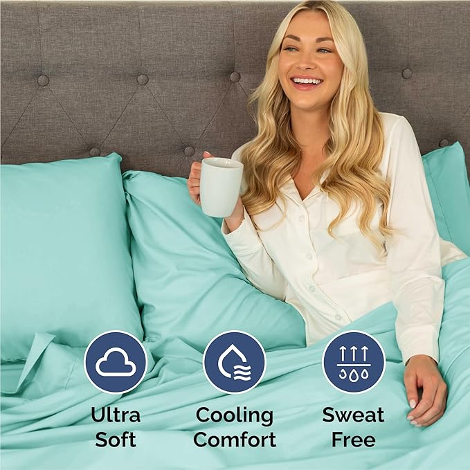 Split King 7 Piece Sheet Set - Comfy Breathable & Cooling - Soft Hotel Luxury Bedding Set with 8-16 Inch Deep Pockets - 1 Flat & 2 Fitted Sheet & 4 Pillowcases - Wrinkle Free & Easy Care - Spa Blue