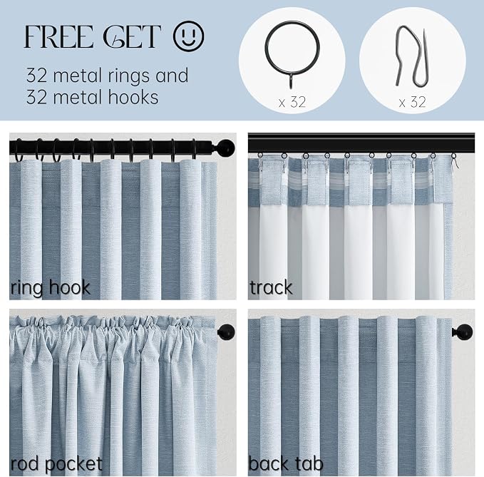 Light Blue 95 inch Bedroom Living Room Curtains 2 Panels 100% Blackout Linen - Image 3