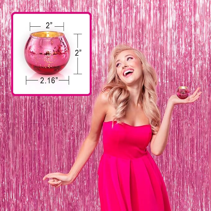 LAMORGIFT 12 Pcs Hot Pink Candle Holders for Barbie Birthday Party Decorations- Summer Bridal Shower Decorations, Votive Candle Holders for Wedding, Pink Candle Centerpieces for Disco, Cowgirl Party
