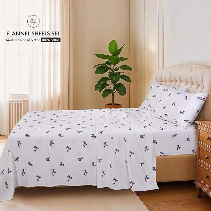RUVANTI Flannel Sheets King Size - 100% Cotton Brushed King Bed Sheets Set - Deep Pockets 16 Inches - All Seasons Breathable & Extra Soft - Warm & Cozy, 4 Piece, Puppy Playoff
