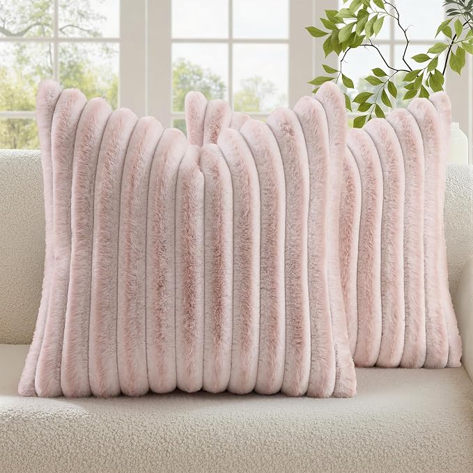 decorUhome Fall Faux Fur Throw Pillow Covers 18x18 Set of 2 Pink White | by decorUhome