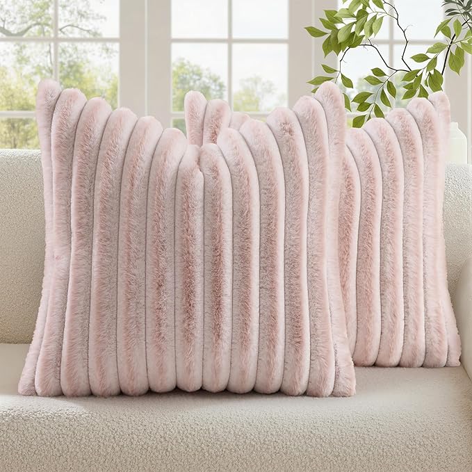 decorUhome Fall Faux Fur Throw Pillow Covers 20x20 Set of 2 Pink White | by decorUhome