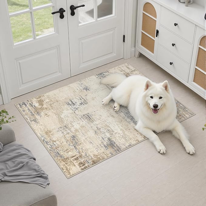 2x3 Washable Entryway Rug: Modern Abstract Soft Carpet Beige Brown | - Image 3