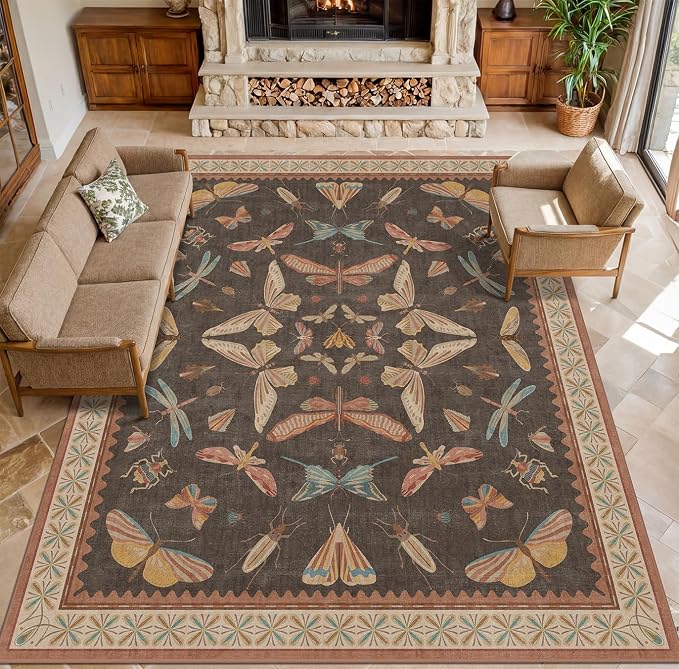 Brown 9x12 Living Room Area Rug, Washable Whimsical Insect Carpet by HazoHaus