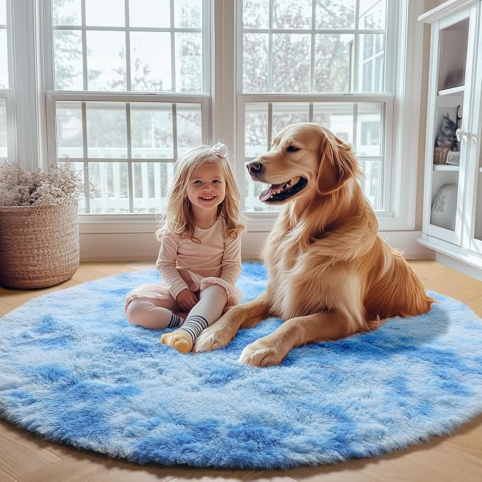 Round Rugs 6ft for Living Room Bedroom, Tie-Dye Blue Fluffy Circle Area Rug for - Image 7