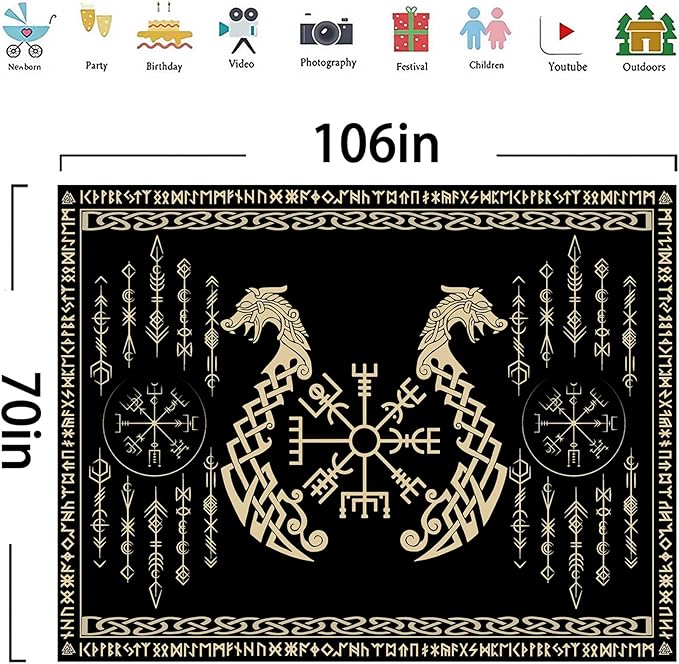 OSUNBD Nordic Vikings Tapestry, Large 10670 inches Soft Flannel, Vegvsir Symbol Twins Dragons Celtic Rune Scandinavian Aesthetic Mythology Tapestry Wall Hanging for Bedroom Living Room Decor