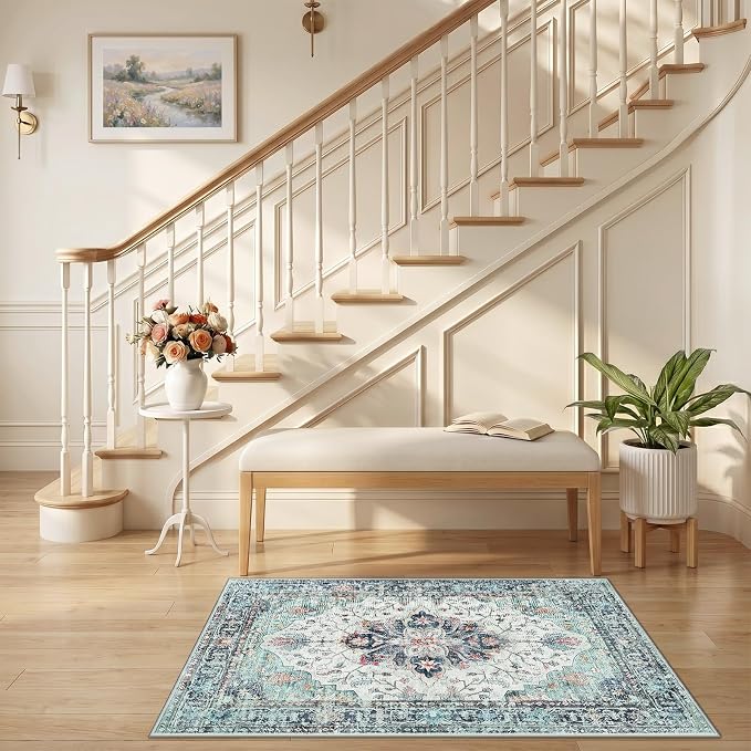 RELEANY Washable Area Rug, Small 2'6"x4', Teal Green/White/Navy | Non-Slip - Image 2