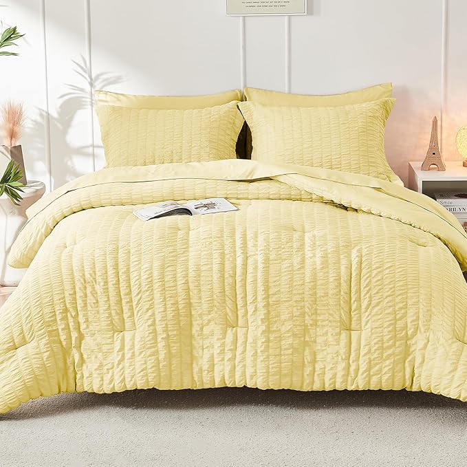 HYMOKEGE Yellow Full Size Comforter Sets Seersucker 7 Pieces, All Season Luxury Bed in a Bag for Bedroom, Bedding Set with Comforter, Sheets, Pillowcases & Shams