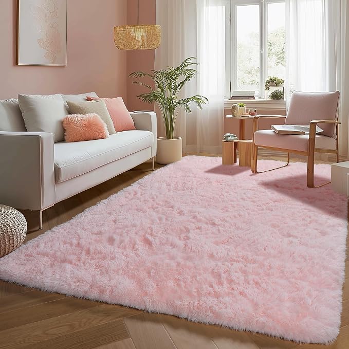 Pink Fluffy Plush Area Rug 5x8, Kids Shag Rugs by PAGISOFE