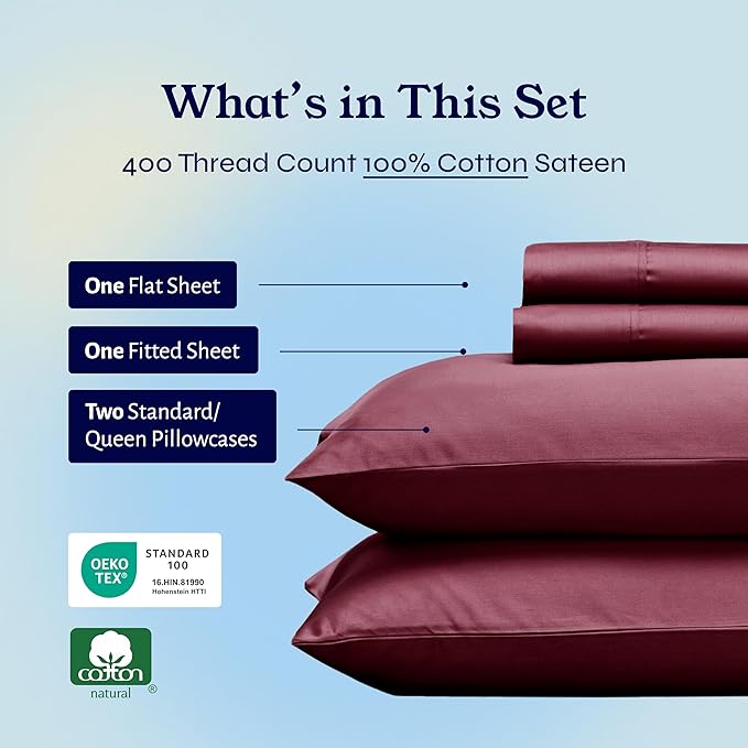 California Design Den Natural 100% Cotton Sheets, Soft Queen Sheet Set, 400 Thread Count Sateen, Deep Pockets with All-Around Elastic for a Snug Fit, Cool & Durable Bedding Set - Burgundy Red
