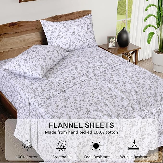 RUVANTI Flannel Sheets Twin Size - 100% Cotton Double Brushed Twin Sheets Set, Deep Pockets 16 Inches, All Seasons Breathable & Extra Soft Bed Sheets, Warm & Cozy, 3 Piece, Vintage Flora