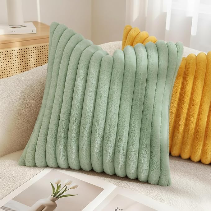 decorUhome Fall Faux Fur Throw Pillow Covers 16x16 Set of 2 Sage Green | - Image 4