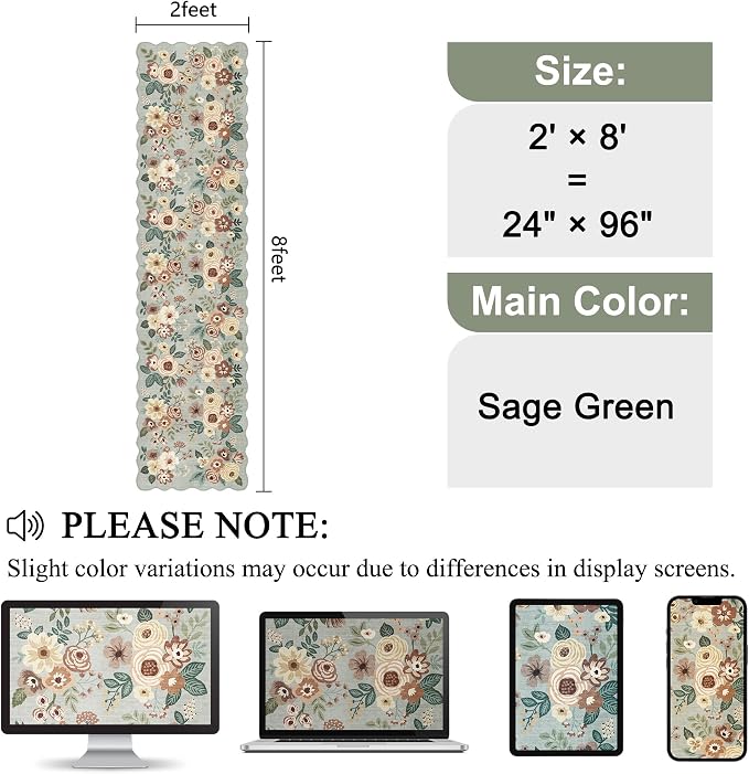 DUKINO 2x8 Washable Runner Rug, Floral Non Slip Kitchen Rugs, Sage Green | Low - Image 2