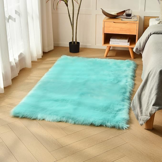 Turquoise Blue Faux Sheepskin Fur Rug 3x5 ft, Fluffy Carpet Rug | Shag Fuzzy by duduta