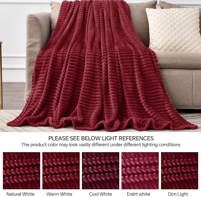 BEDELITE 3D Ribbed Burgundy Fleece Throw Blanket - Image 5